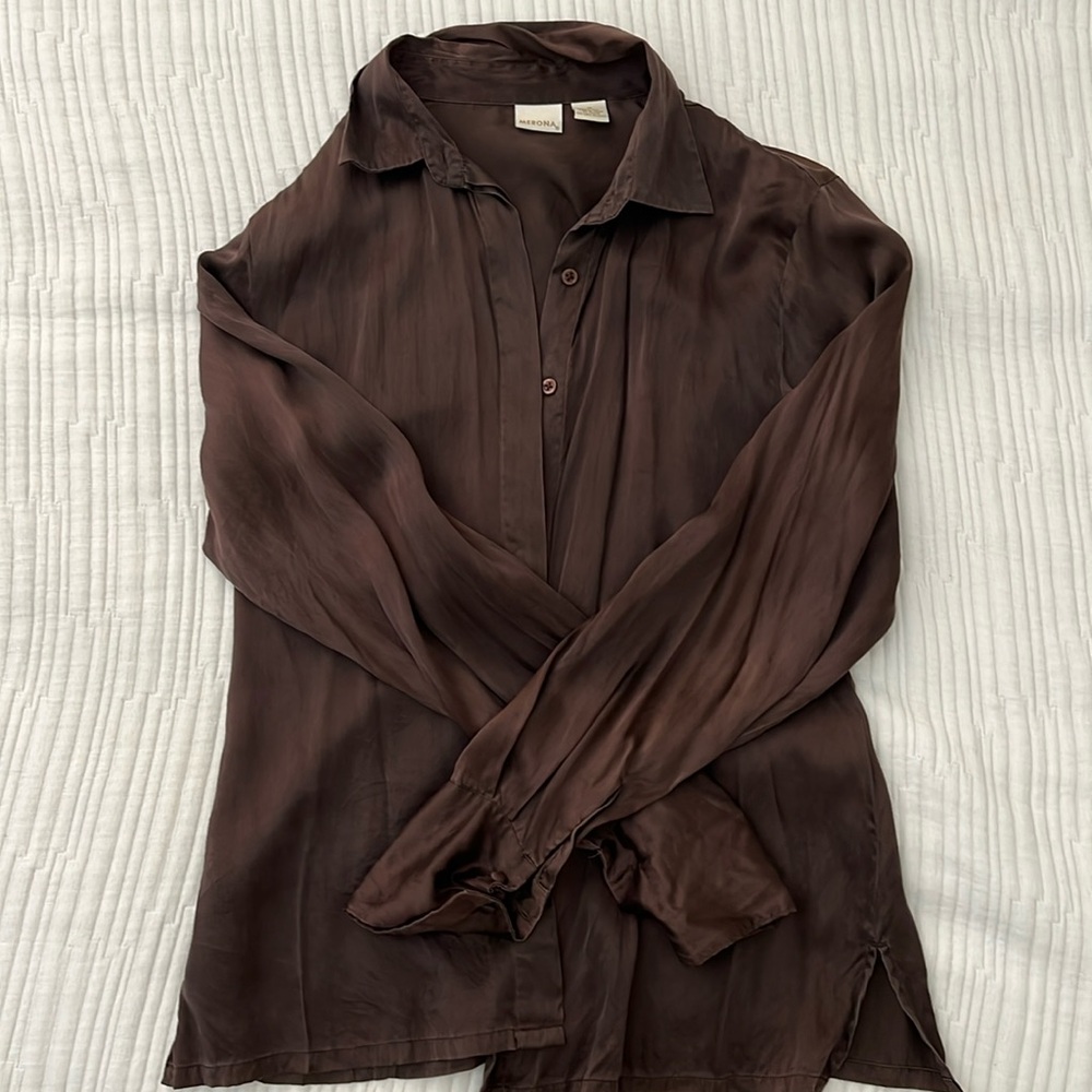 Vintage 100% brown silk button up blouse